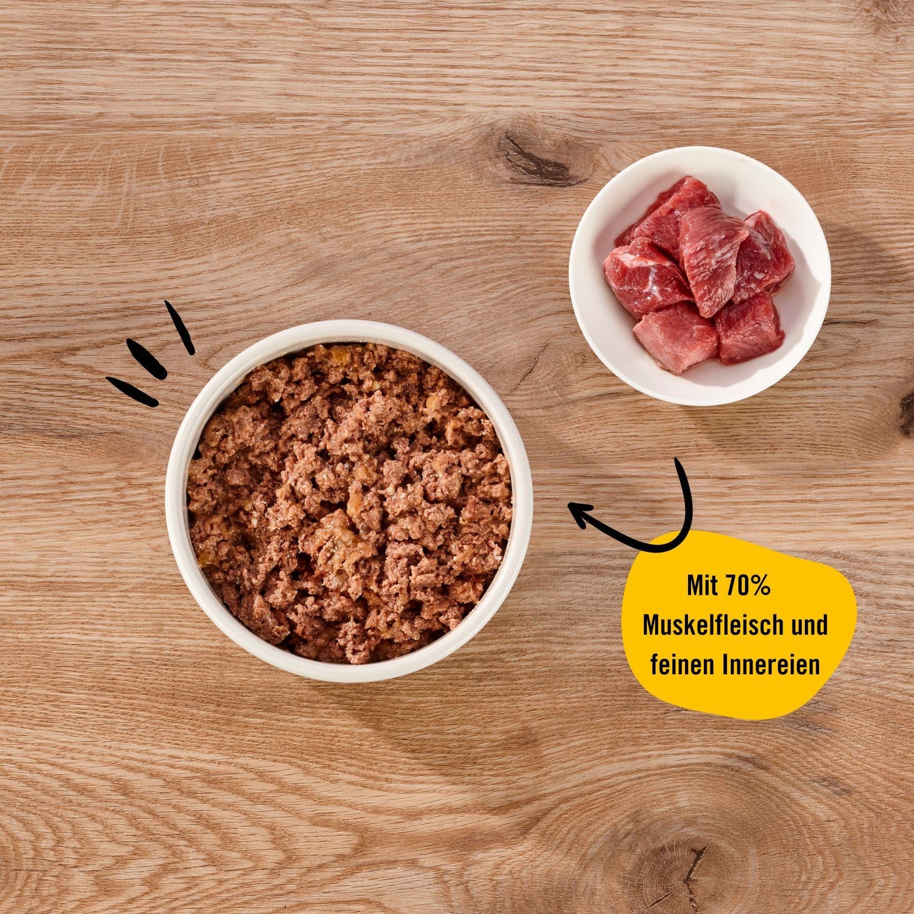 Zwei Schalen mit Katzenfutter und Fleischstücken. Text: Mit 70% Muskelfleisch und feinen Innereien.