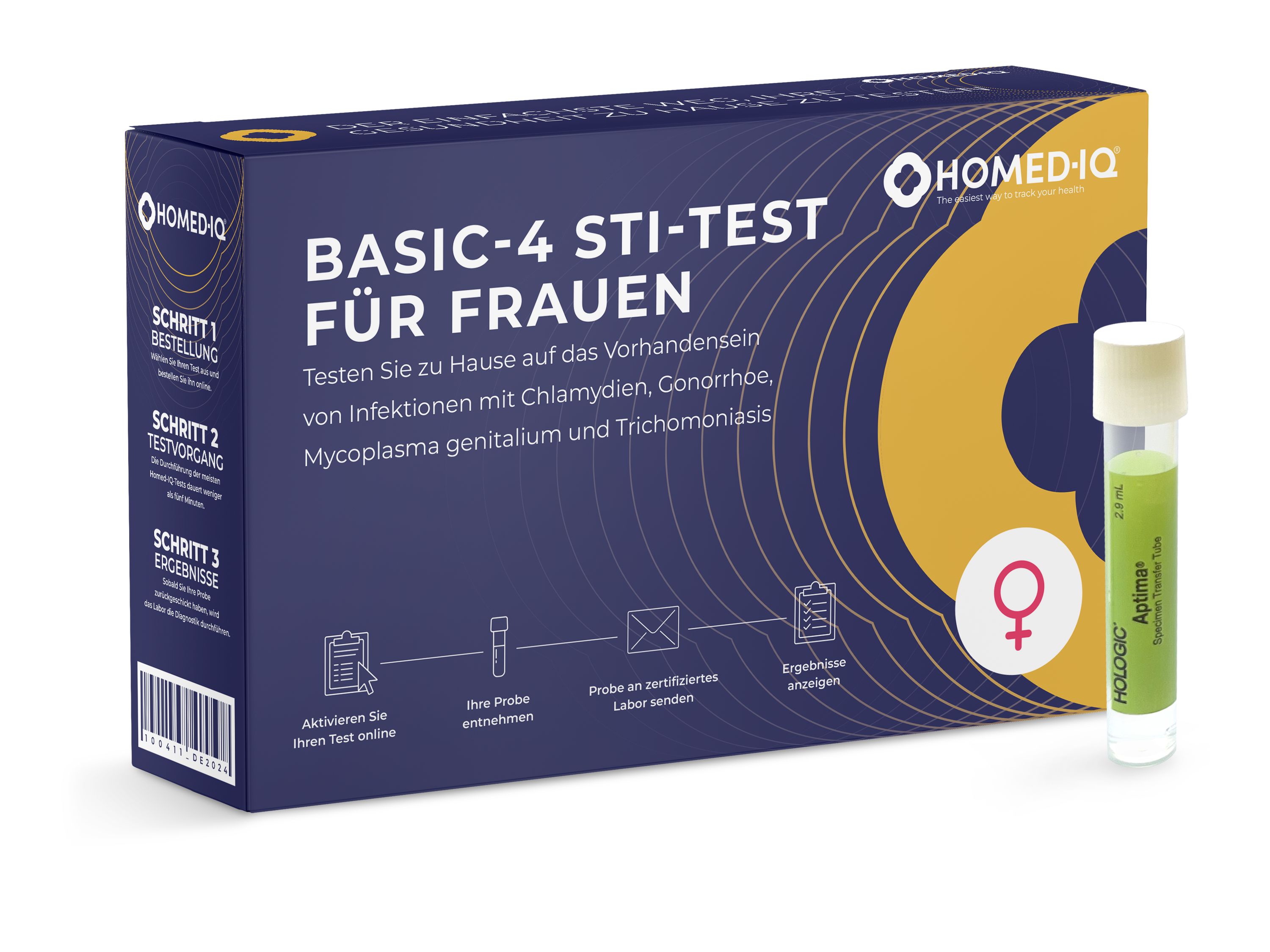Blau-gelbe Verpackung mit Aufschrift "BASIC-4 STI-TEST FÜR FRAUEN". Enthält eine Teströhre mit Flüssigkeit und das Logo von HOMED-IQ.