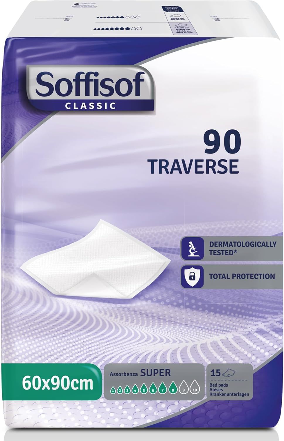 Verpackung mit Soffisof Classic Bettunterlagen. Größe 60x90cm. 90 Stück. Dermatologisch getestet. Totaler Schutz.