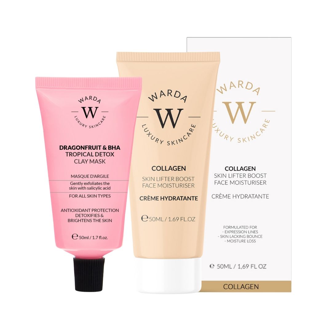 Drei Kosmetikprodukte: rosa Tube, beige Tube und weißer Karton. Aufdrucke: Warda, Collagen, BHA-Detox-Maske, Feuchtigkeitscreme.