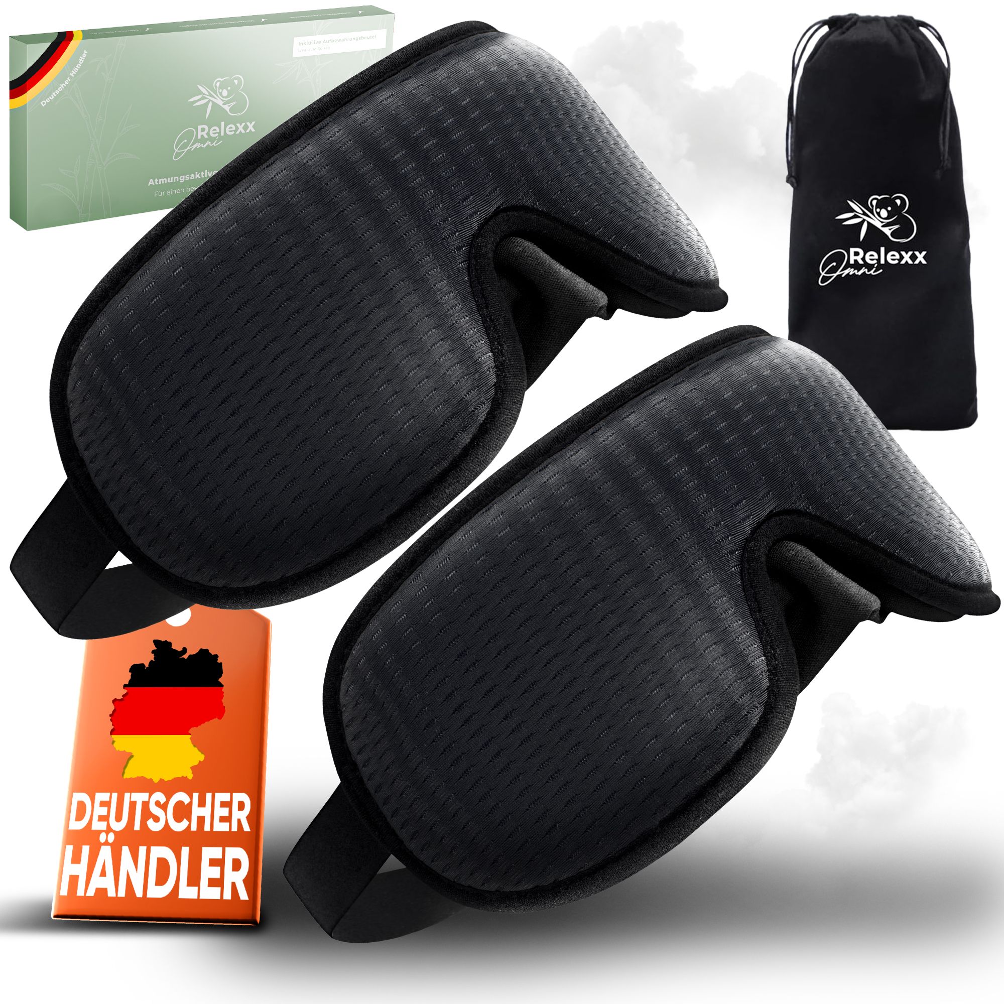 Zwei Schlafmasken, Reisebeutel, Verpackung. Text: Deutscher Händler. Marke: Relexx Omni.