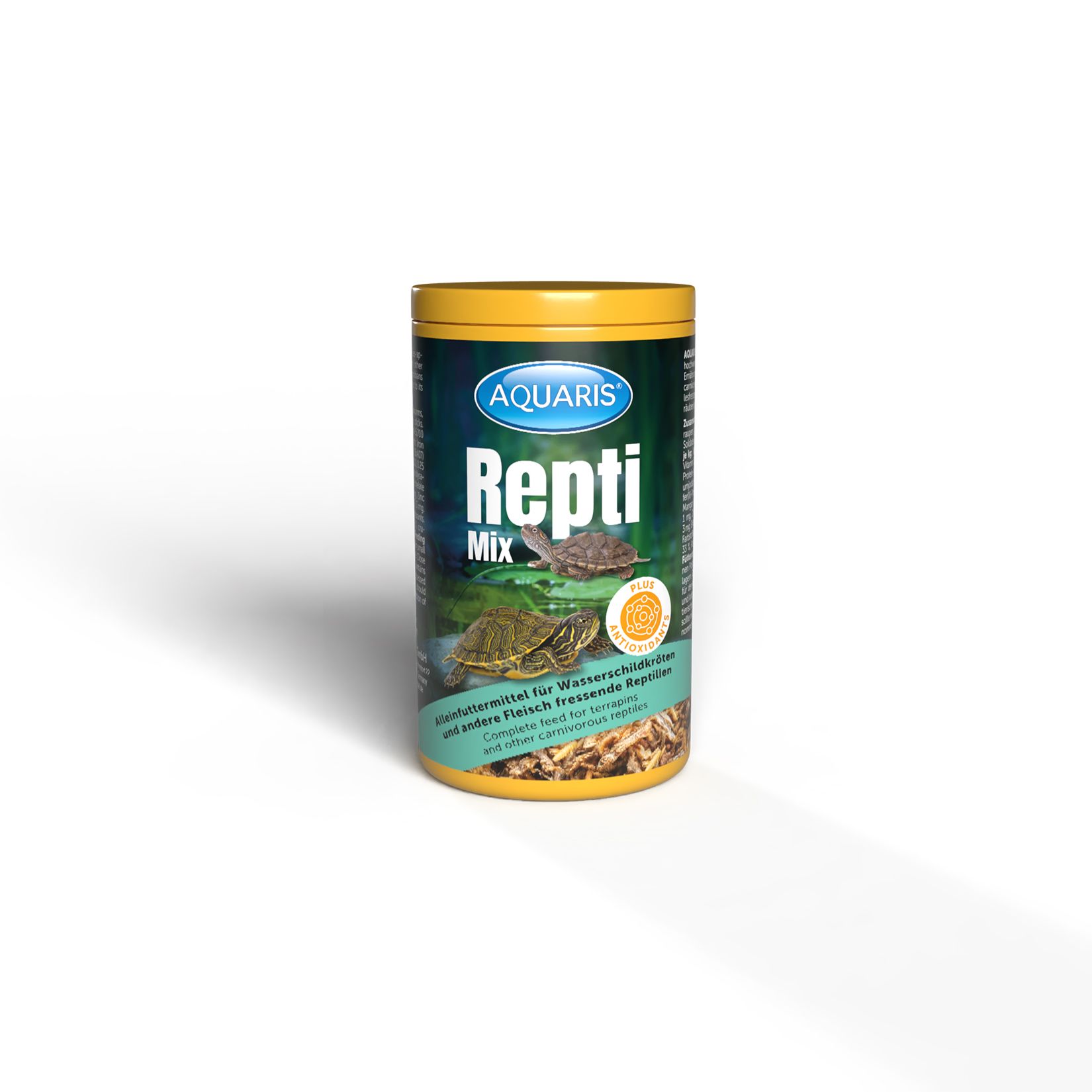 AQUARIS Repti Mix Dose mit gelbem Deckel. Aufschrift: AQUARIS, Repti Mix, Schildkröten-Abbildung. Text: Futter für Wasserschildkröten.