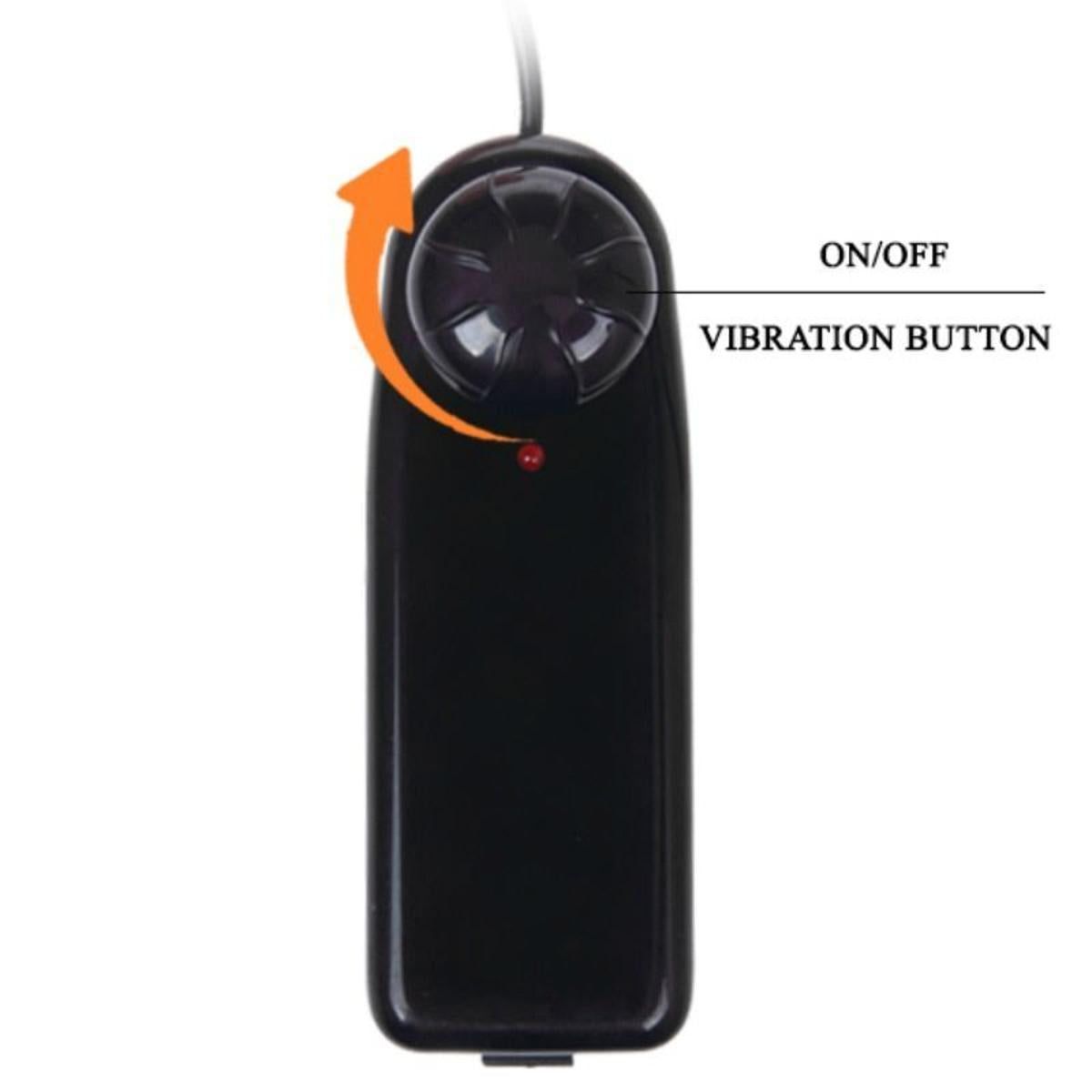Schwarze Fernbedienung mit Drehknopf und Beschriftung ON/OFF und VIBRATION BUTTON. Rote LED.