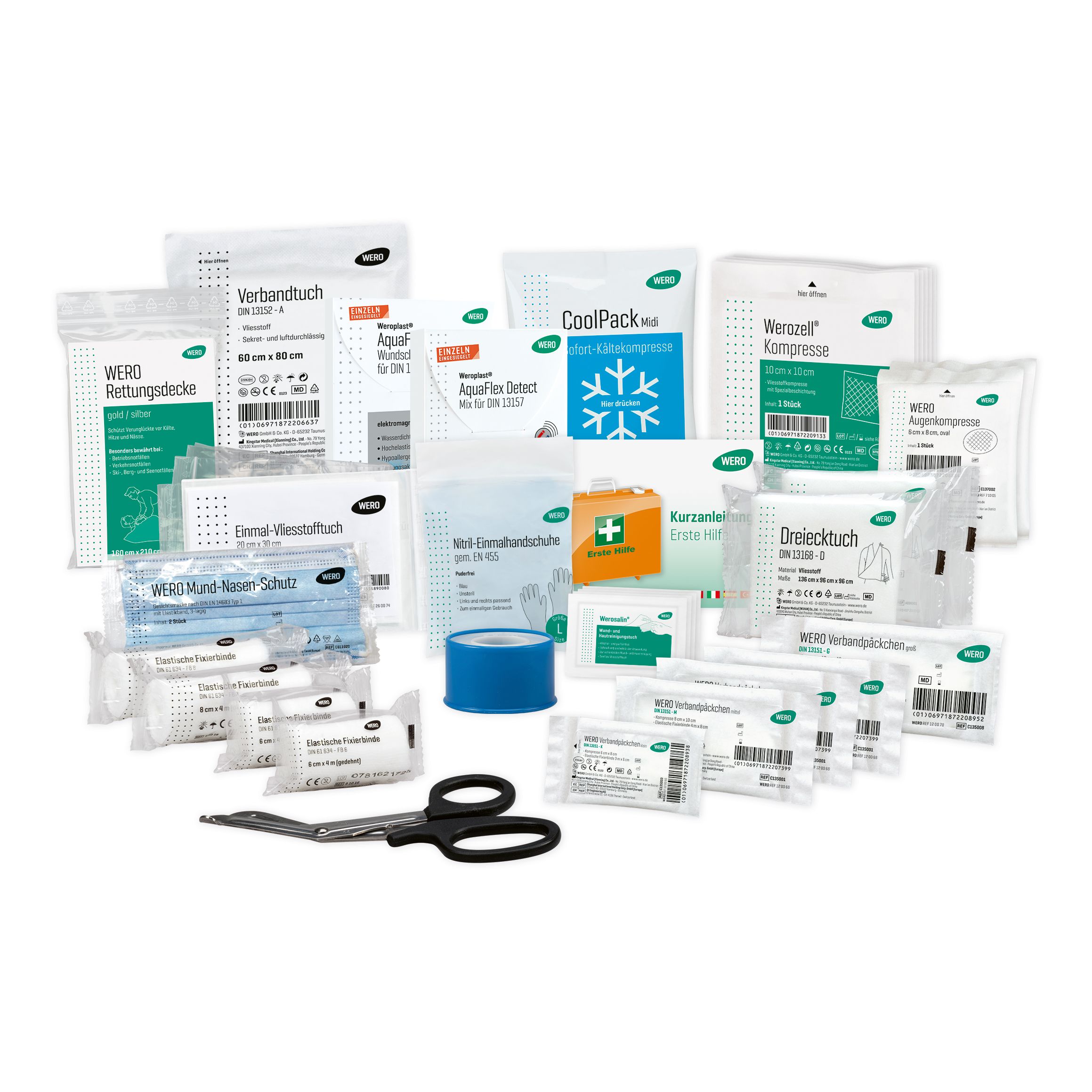 Erste-Hilfe-Set mit Verbandsmaterial, Kompressen, Pflastern, Schere und blauem Klebeband. Verschiedene Verpackungen mit grünen Akzenten.