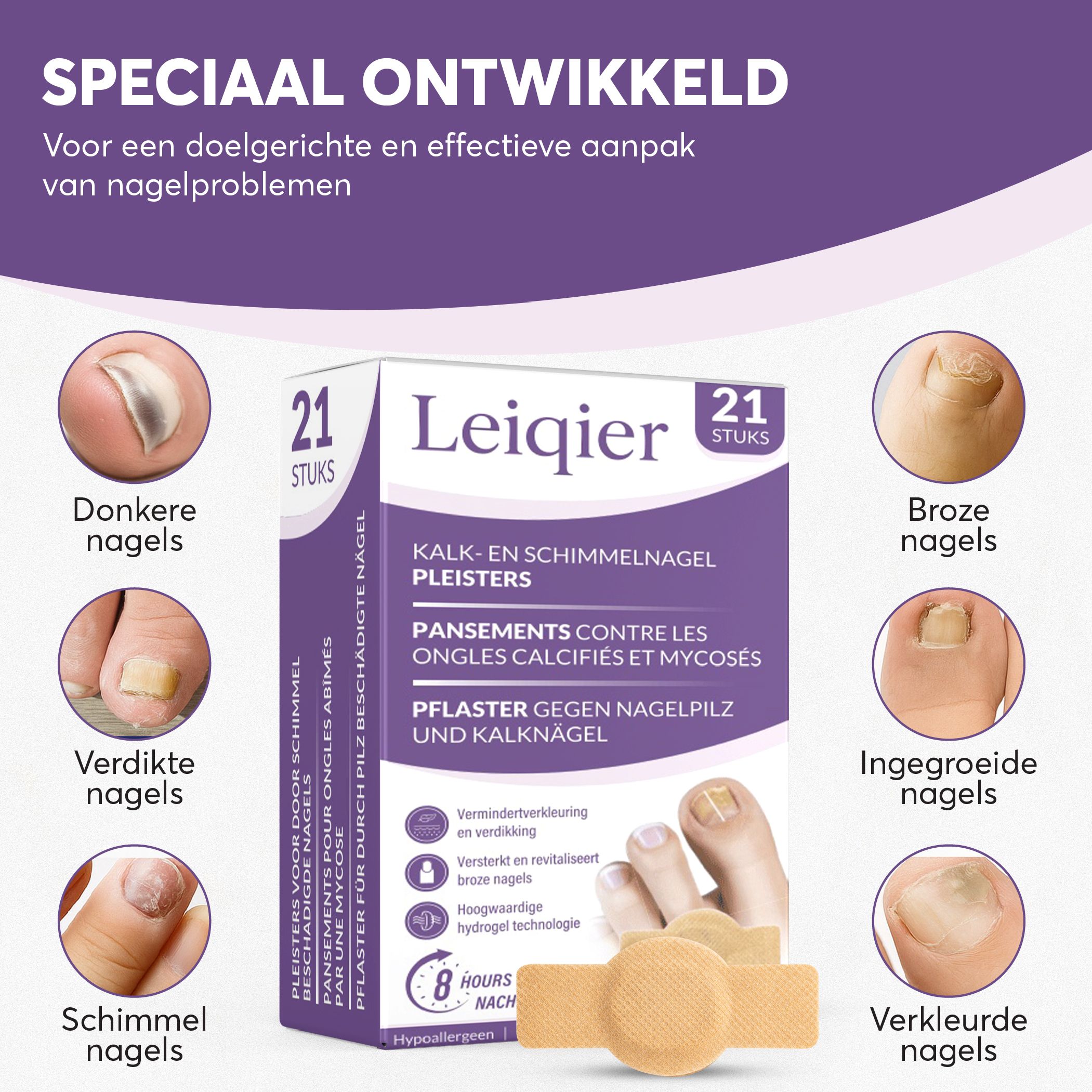 Verpackung mit Leiqier Pflastern. 21 Stück. Abbildungen von Nägeln mit Nagelproblemen. Produktabbildung und Pflaster.