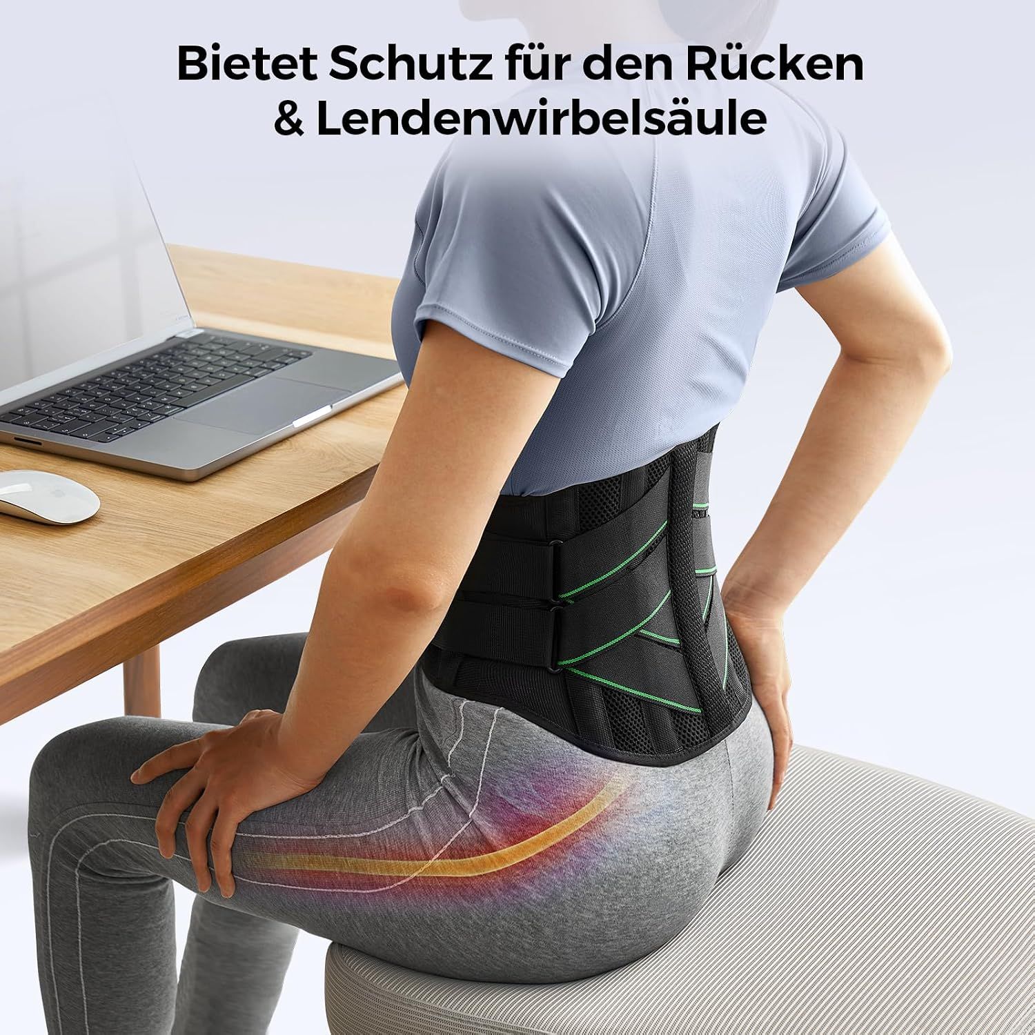 Rückenansicht einer Person mit Lendenwirbelstützgürtel, Pfeile zeigen Unterstützung.