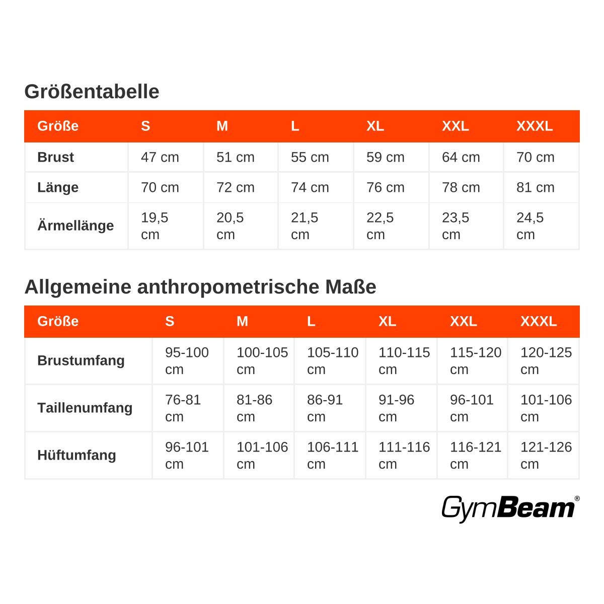 Größentabelle für schwarze T-Shirts: Brustumfang, Länge, Ärmellänge in cm für Größen S bis XXXL.