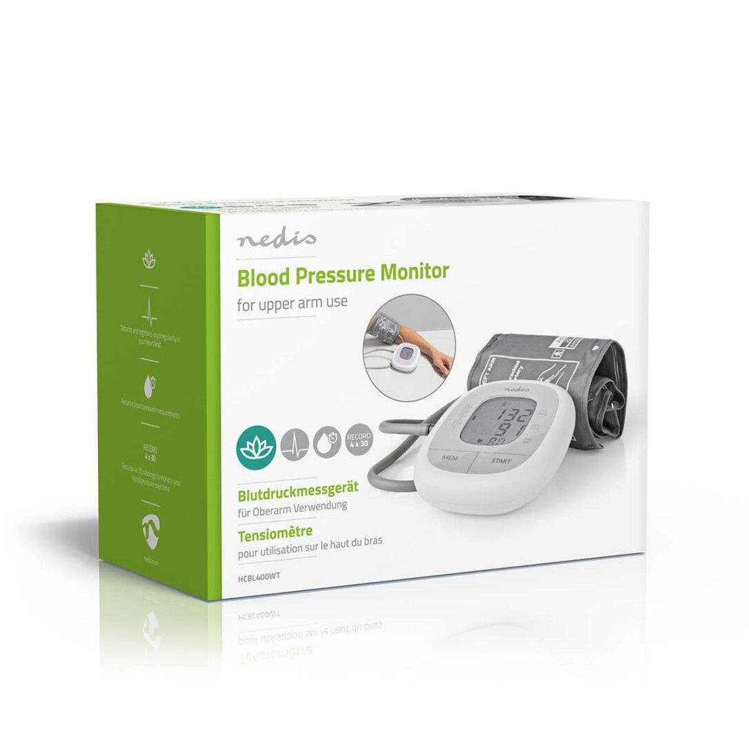 Verpackung für Blutdruckmessgerät. Text: Blood Pressure Monitor. Gerät und Armband abgebildet. Marke: Nedis. Text in Deutsch und Französisch.