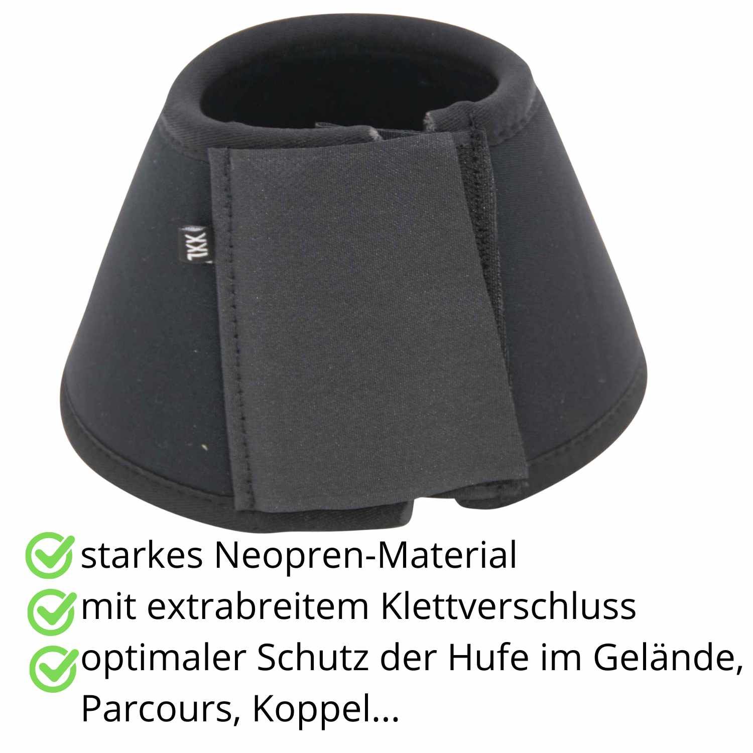 Schwarze Hufglocke mit Klettverschluss. Text: starkes Neopren-Material, extra breiter Klettverschluss, optimaler Schutz.