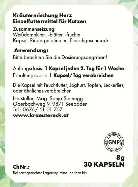 Rückseite der Kräuterkapseln-Verpackung. Text mit Inhaltsstoffen, Dosierung und Herstellerinformationen. 30 Kapseln, 8g.