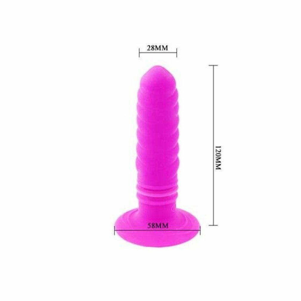 Lila Anal Plug. Abmessungen: 120mm hoch, 58mm Basis, 28mm Spitze. Spiralförmige Oberfläche. Runde Basis.