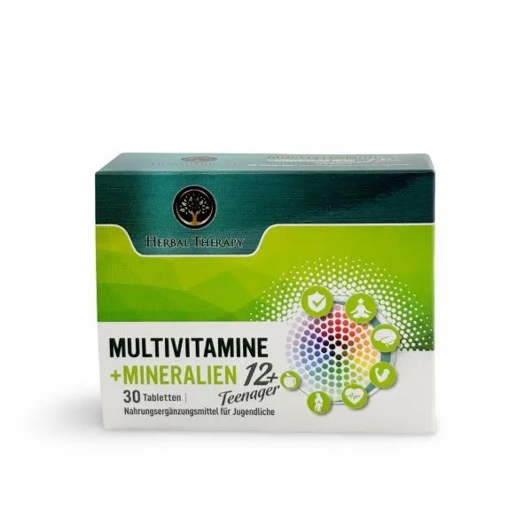 Verpackung mit Tabletten. Aufschrift: Multivitamine + Mineralien, 30 Tabletten, Herbal Therapy. Teenager-Ernährung.