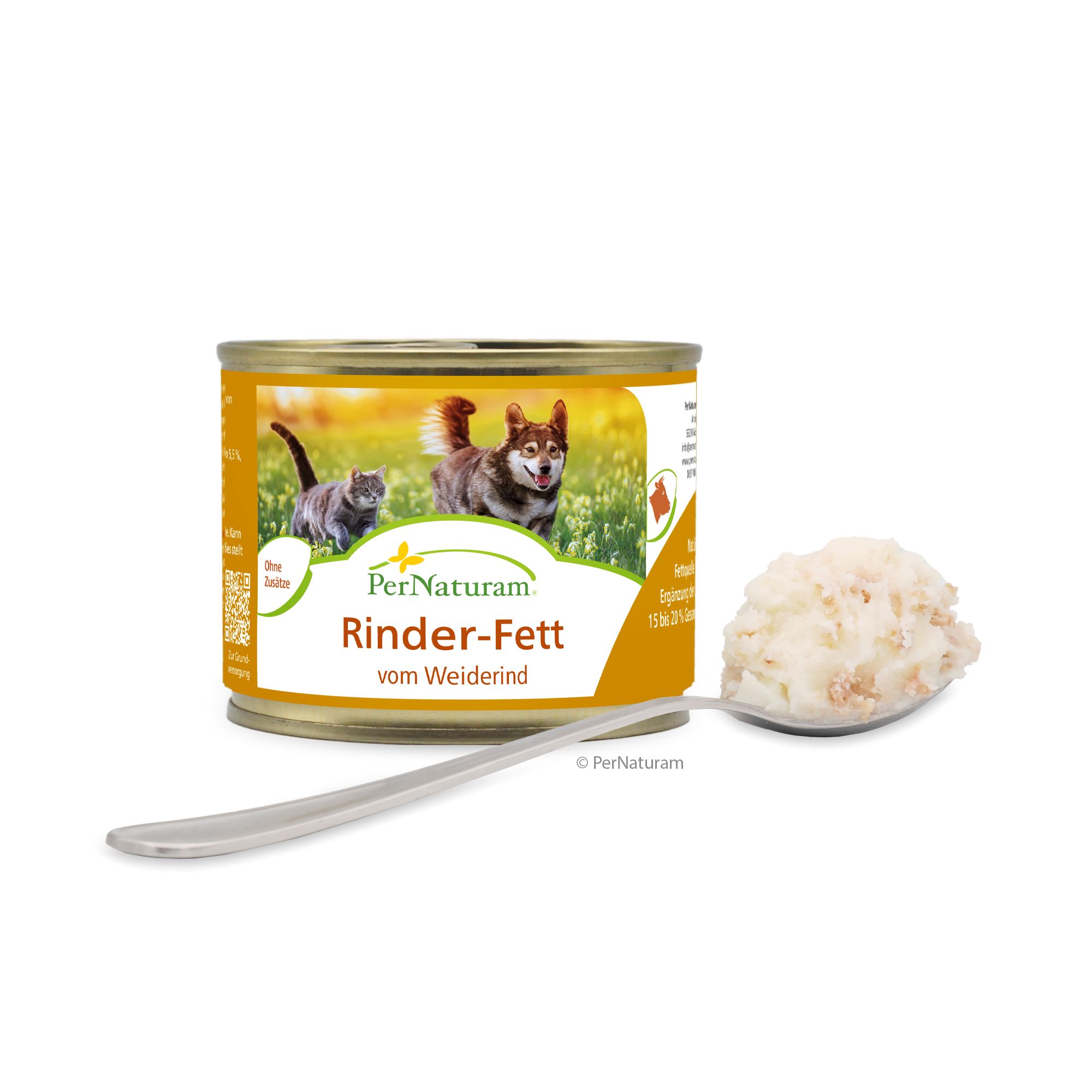 Dose mit Etikett. Aufschrift: PerNaturam Rinder-Fett vom Weiderind. Löffel mit Fett daneben.