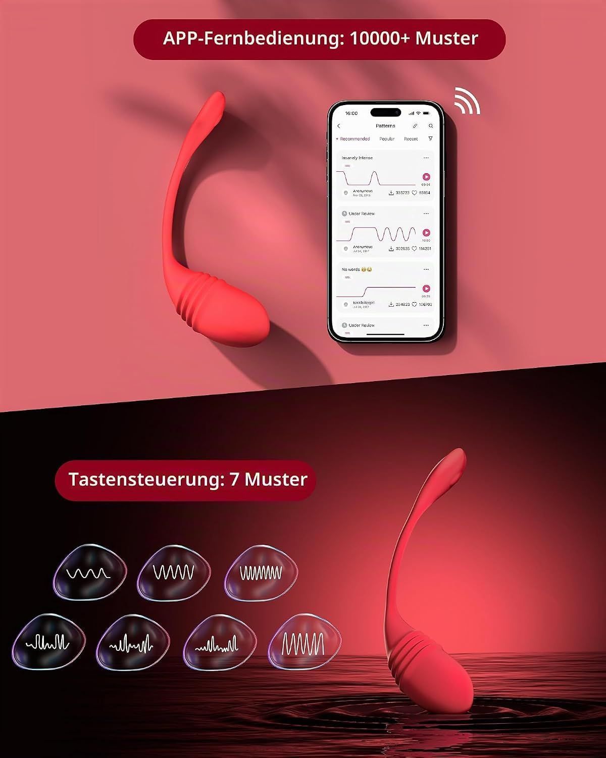 Roter Vibrator mit geschwungener Form, der intensive Vibrationen erzeugt.