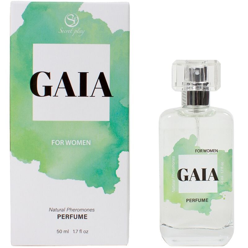 Flakon und Schachtel. Aufschrift GAIA, PERFUME, FOR WOMEN, Natural Pheromones. 50 ml. Grün-weißer Hintergrund.