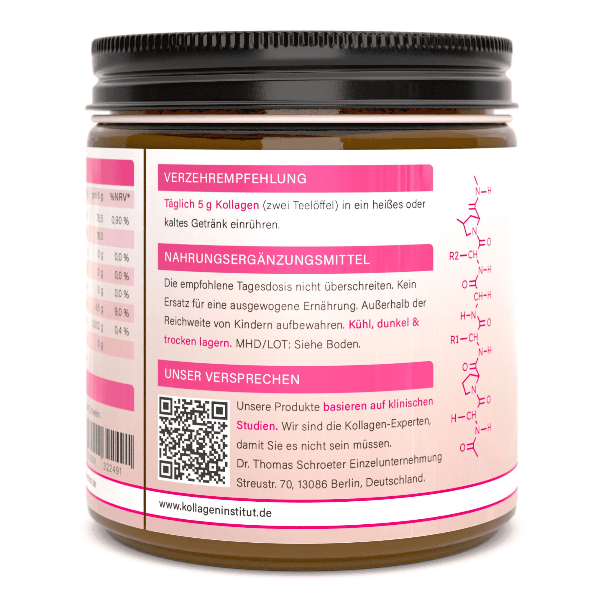 Braune Glasdose mit schwarzem Deckel. Rosa Etikett mit Text und QR-Code. Enthält Kollagen Pulver für Knochen-Gesundheit.