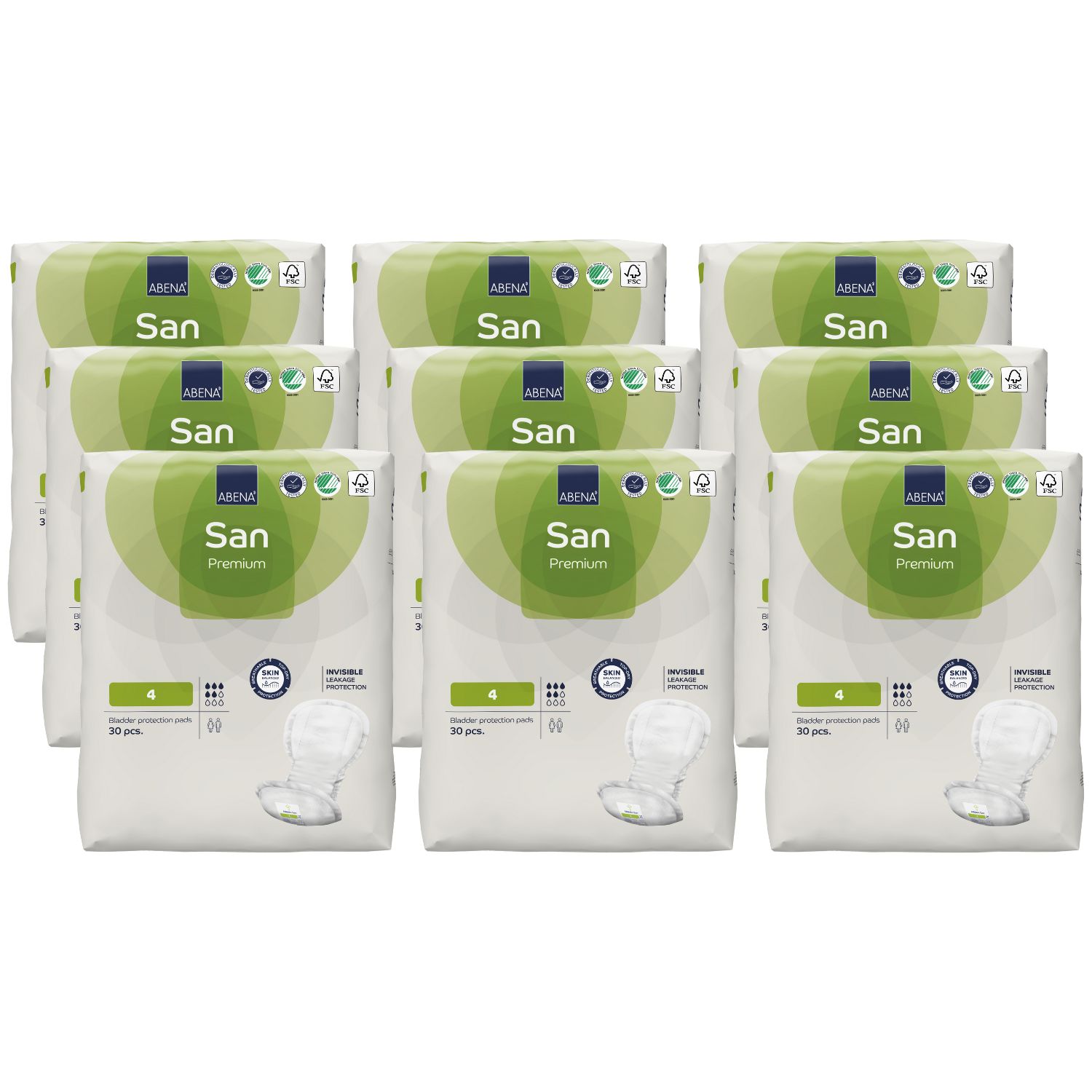 Mehrere Packungen ABENA San Premium Einlagen. Weiße Verpackung mit grünem Logo. Aufdruck: San, Premium, 4, 30 Stück.
