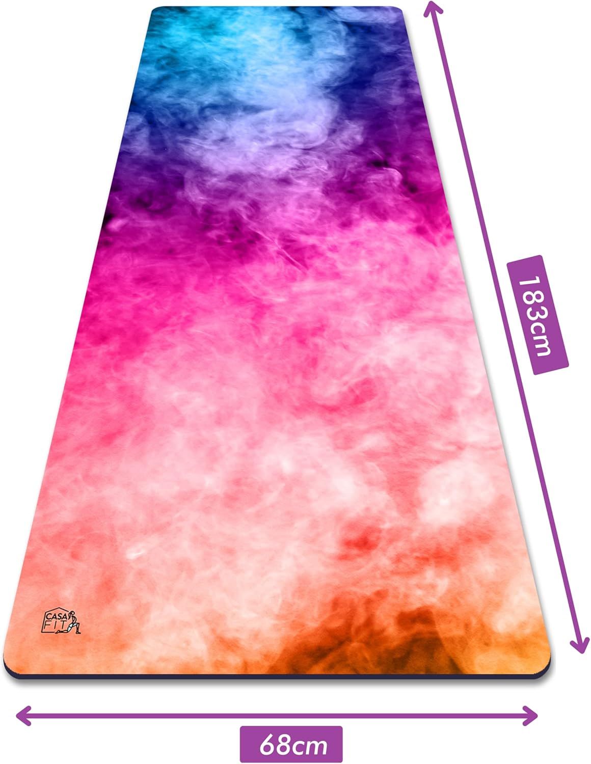 Yogamatte mit Farbverlauf, Maße 183x68cm. CASAFIT Logo. Blaue, pinke und orange Farbtöne.