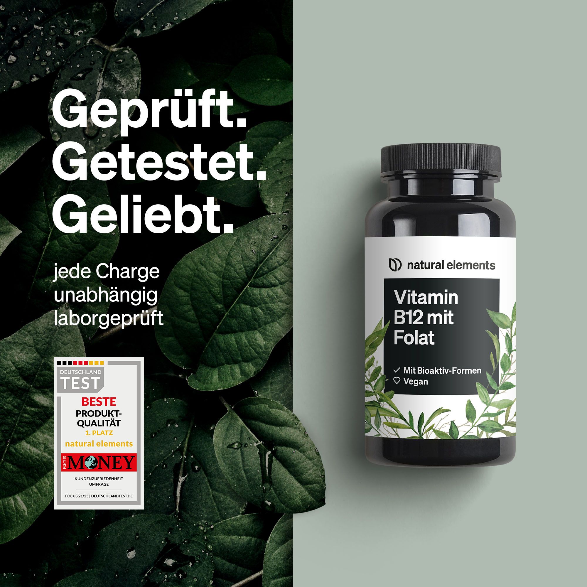 Schwarze Flasche mit weißem Etikett. Text: Vitamin B12 mit Folat. Geprüft. Getestet. Geliebt. Auszeichnung.