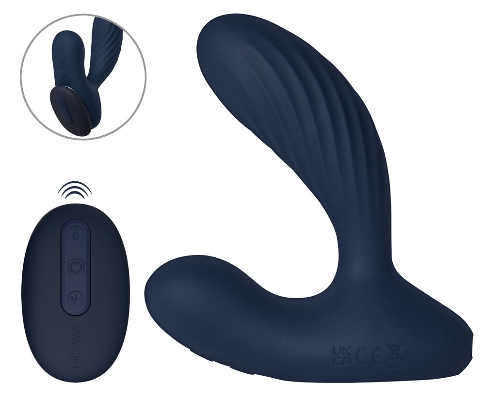 Dunkelblauer Analvibrator mit gerilltem Schaft und separatem Fernbedienung.