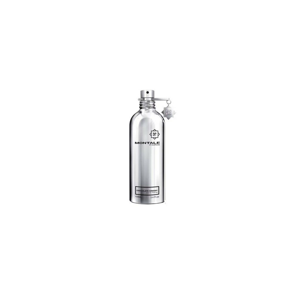 Silberne Parfumflasche Chocolate Greedy. Aufschrift Montale Paris.