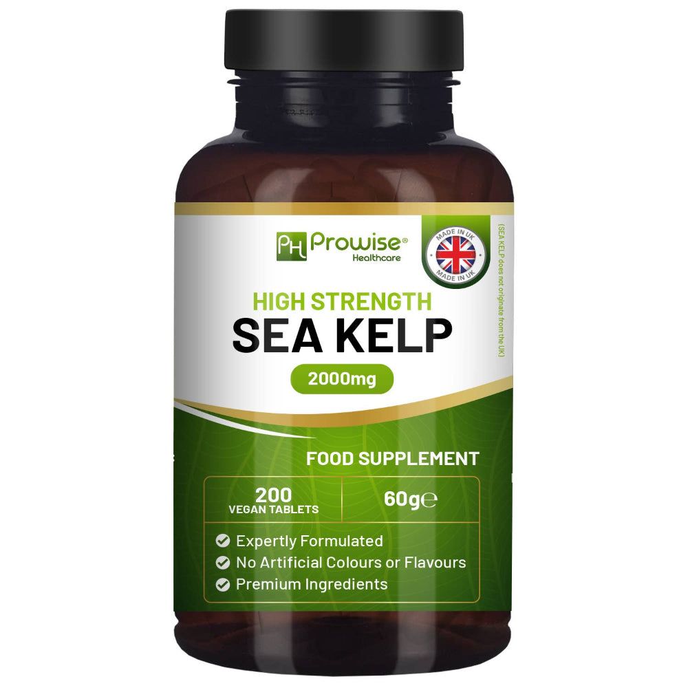 Braune Flasche mit grüner Etikett. Aufschrift: High Strength Sea Kelp 2000mg. 200 vegane Tabletten. Food Supplement.