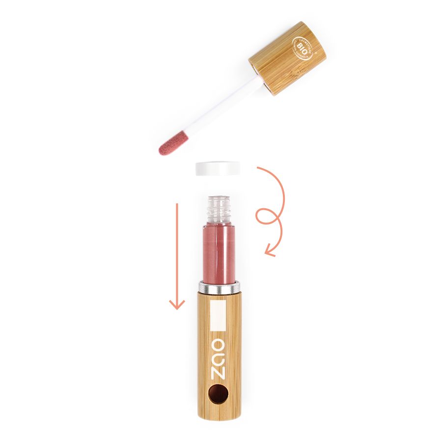 Lippenfarbe-Refill mit Applikator. Bambus-Hülse. Oben Bio-Siegel. ZAO-Logo. Farbton: Rosa. Explosionszeichnung.