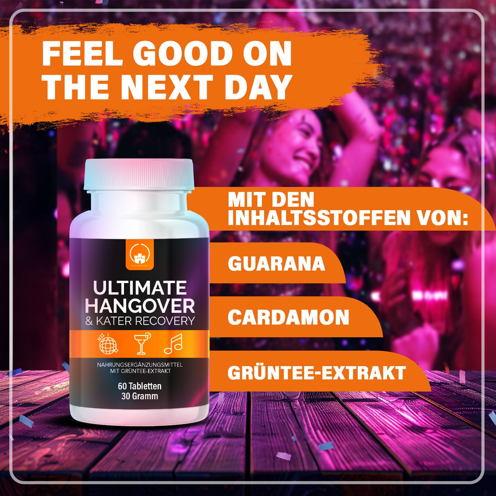 Weiße Flasche mit Etikett. Aufschrift: Ultimate Hangover & Kater Recovery. 60 Tabletten. Inhaltsstoffe: Guarana, Kardamom, Grüntee-Extrakt.