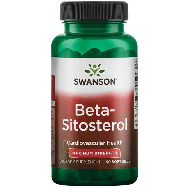 Grüne Flasche mit schwarzem Deckel. Etikett mit "SWANSON", "Beta-Sitosterol", "Maximum Strength" und "60 Softgels".