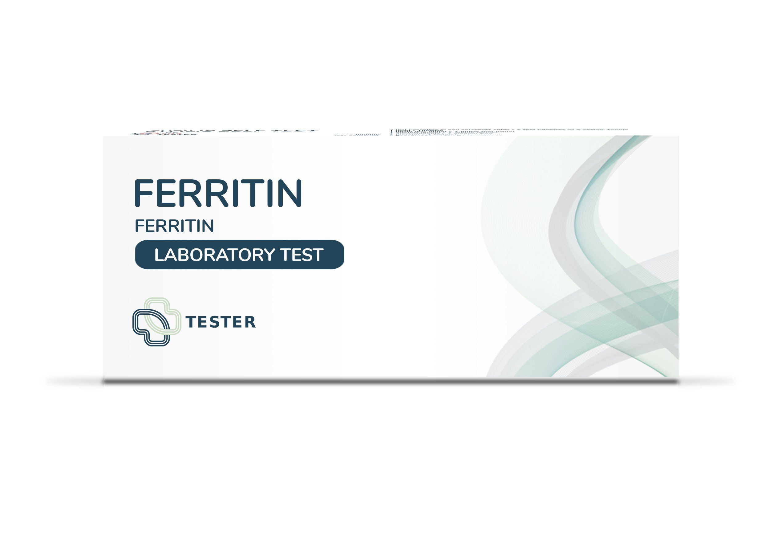 Weißer Karton mit Aufschrift FERRITIN, FERRITIN LABORATORY TEST und Tester-Logo. Hellgrüne, geschwungene Linien auf der rechten Seite.