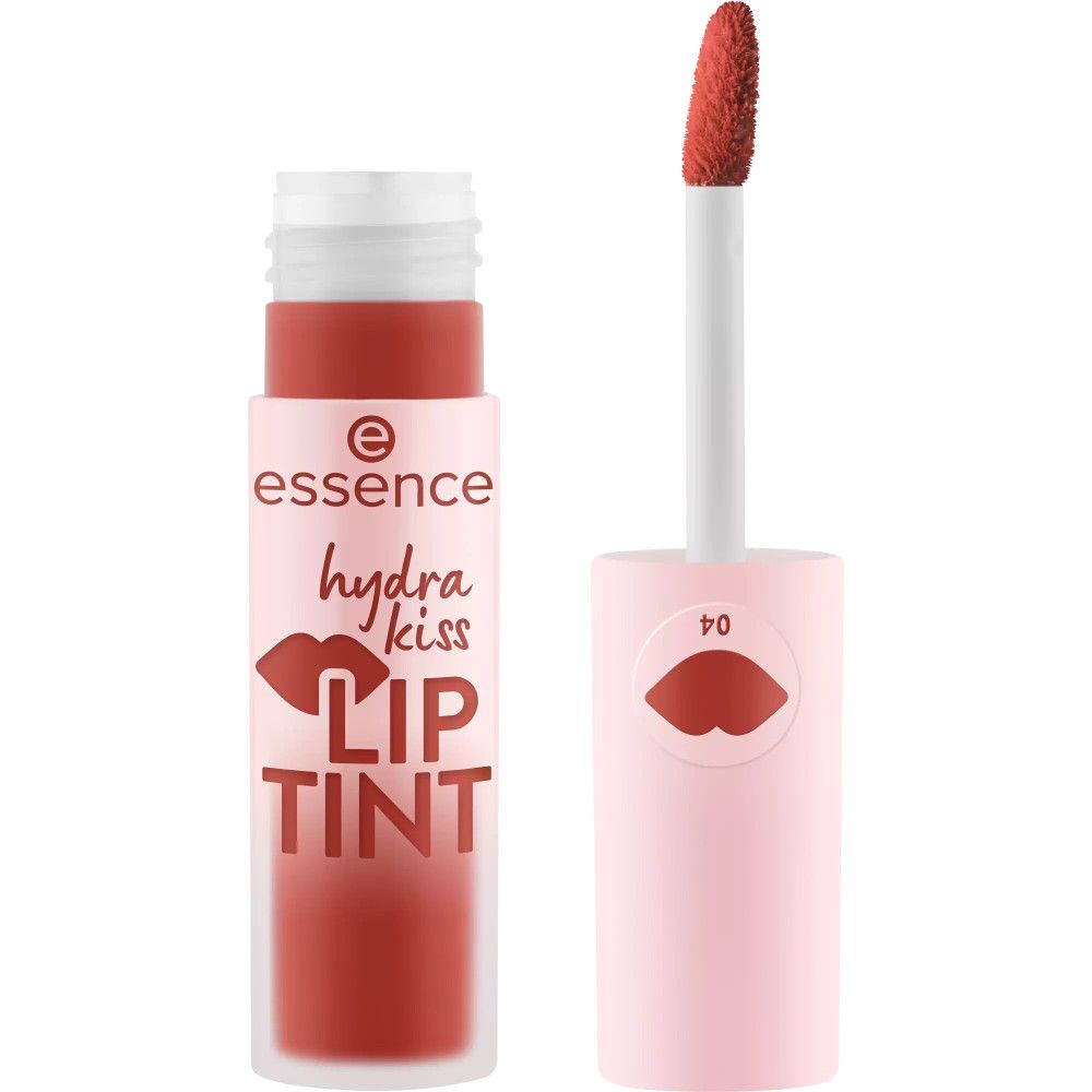 Essence Hydra Kiss Lip Tint, offene Tube mit Applikator. Roter Lippen-Tint und rosa Deckel mit Nummer 04.