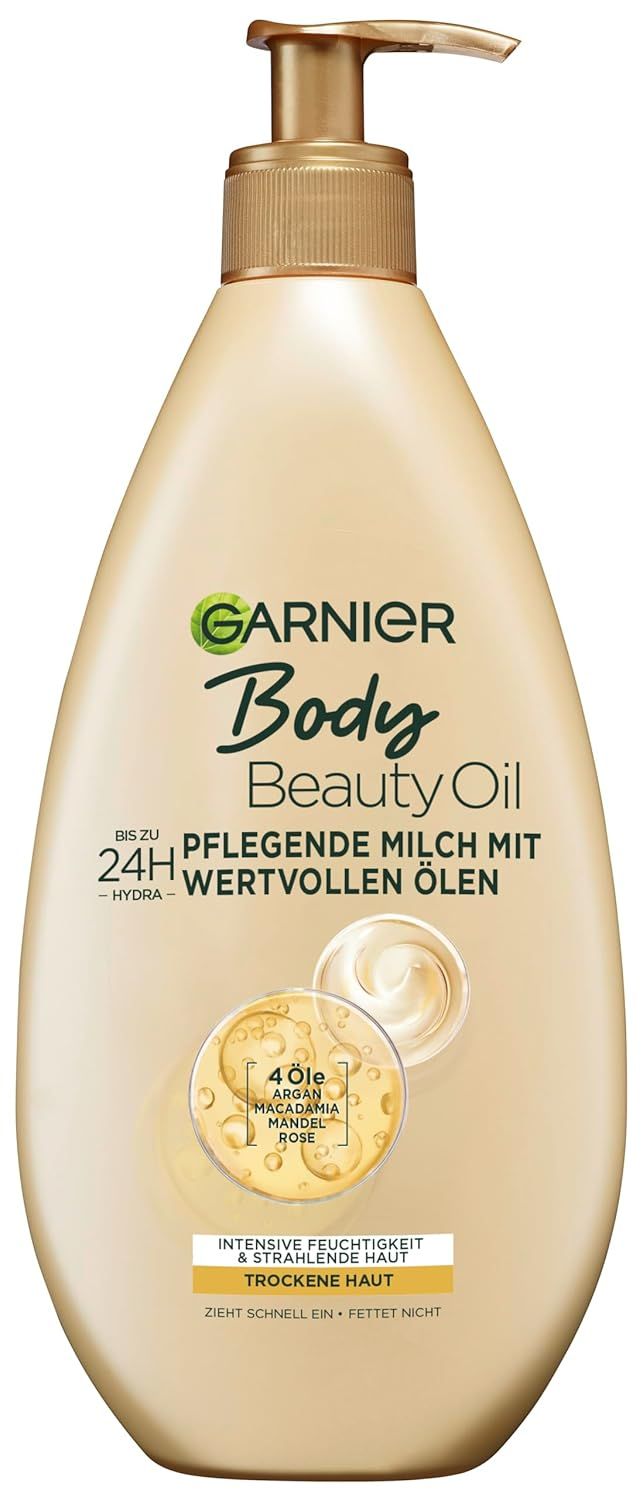 Beige Garnier Body Beauty Oil Flasche mit goldenem Pumpverschluss. Beschriftung: Pflegende Milch mit wertvollen Ölen. Für trockene Haut.