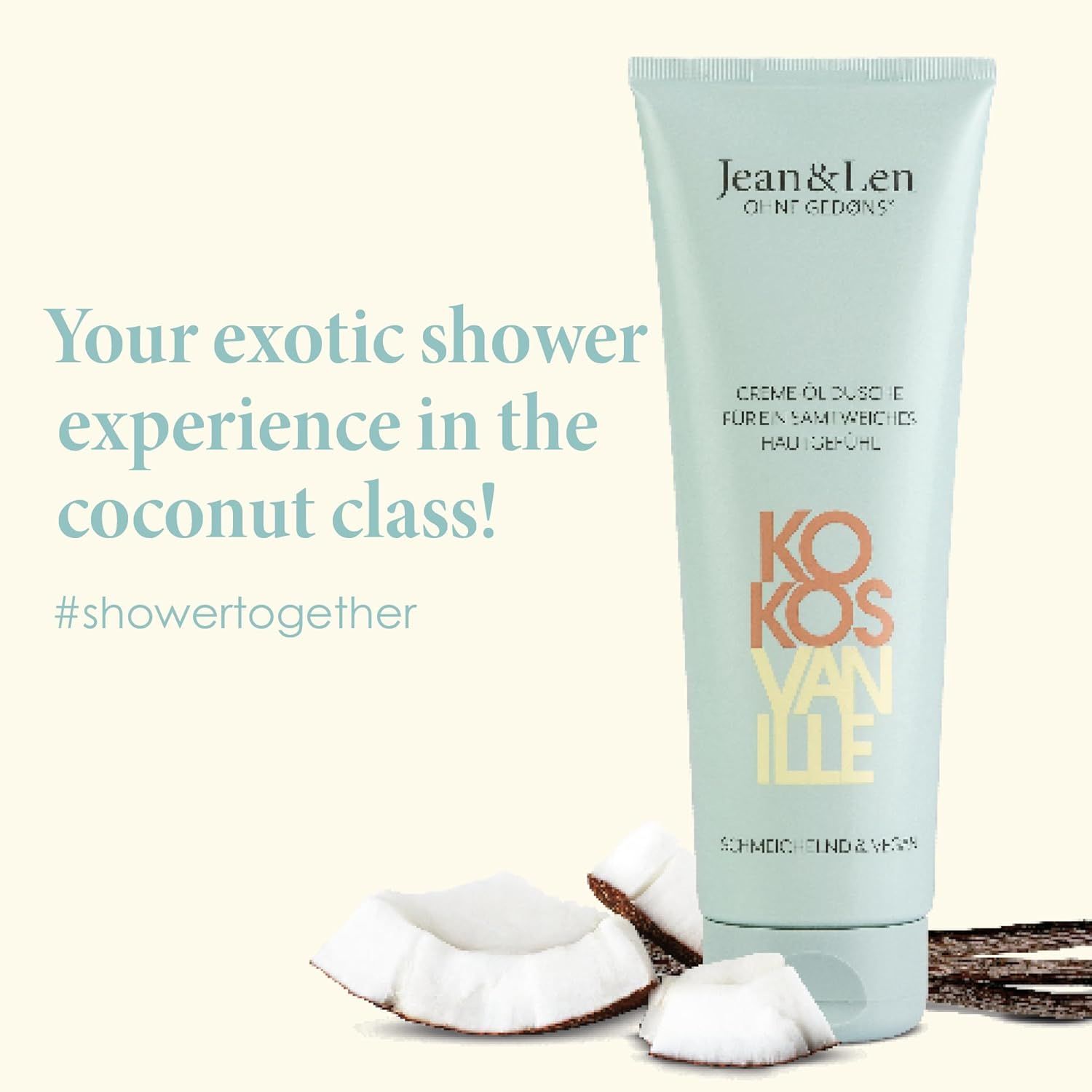 Hellgrüne Tube mit Produktnamen und Kokos-Vanille-Aufdruck. Text: "Your exotic shower experience..."