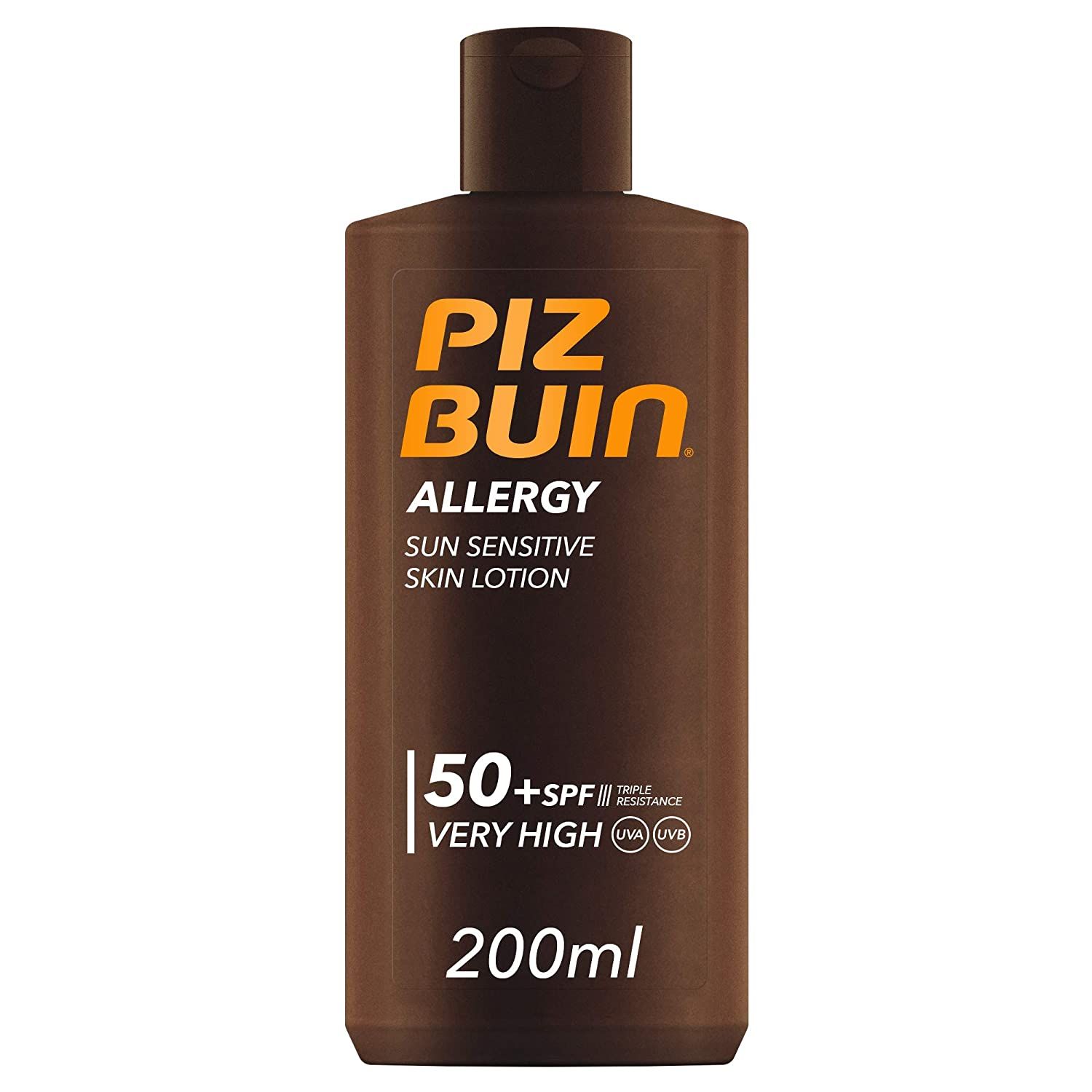 Braune Flasche Piz Buin Allergy Sonnencreme mit LSF 50+. Text: Allergy, Sun Sensitive Skin Lotion, 50+ SPF, 200ml.