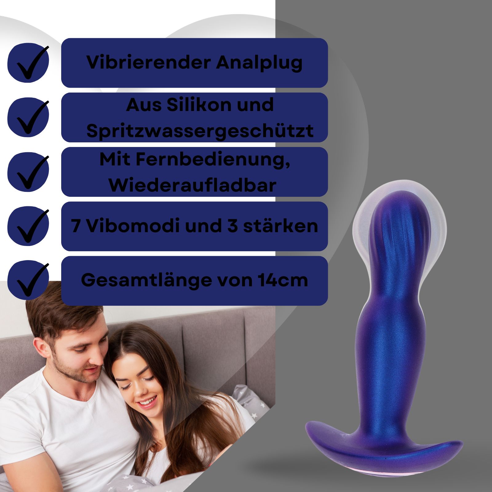 Blauer Analplug mit weißem Rand. Text: Vibrationsfunktion, Silikon, wasserdicht, Fernbedienung, 7 Modi, 14 cm.