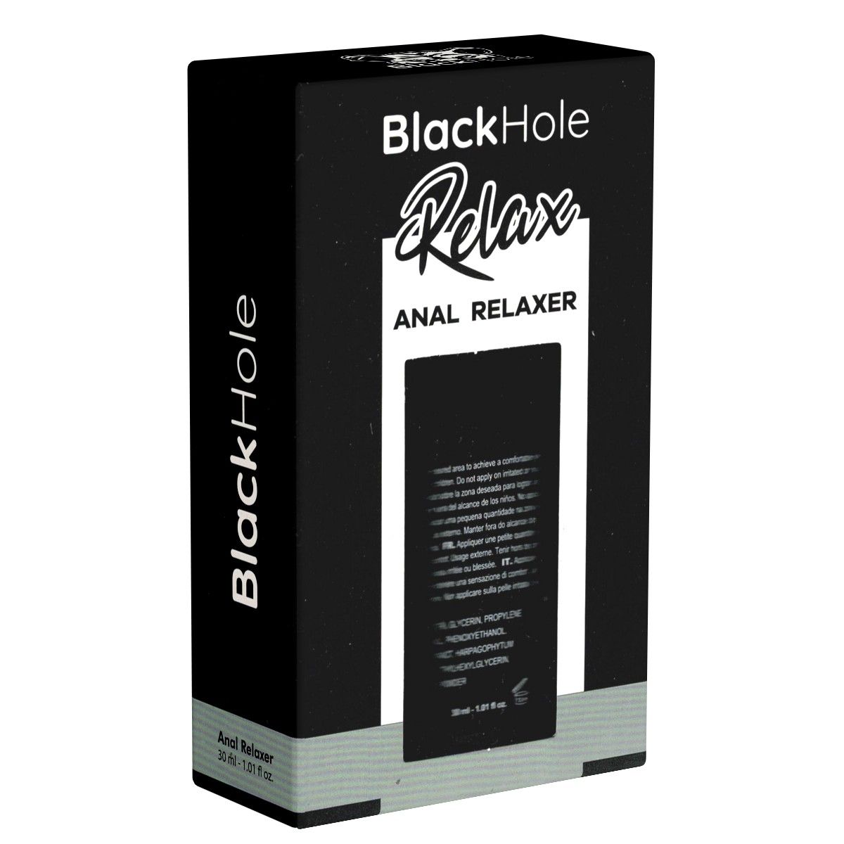 Schwarze rechteckige Verpackung. Aufschrift "Black Hole Relax ANAL RELAXER". Seitlich "Black Hole". Unten "Anal Relaxer".