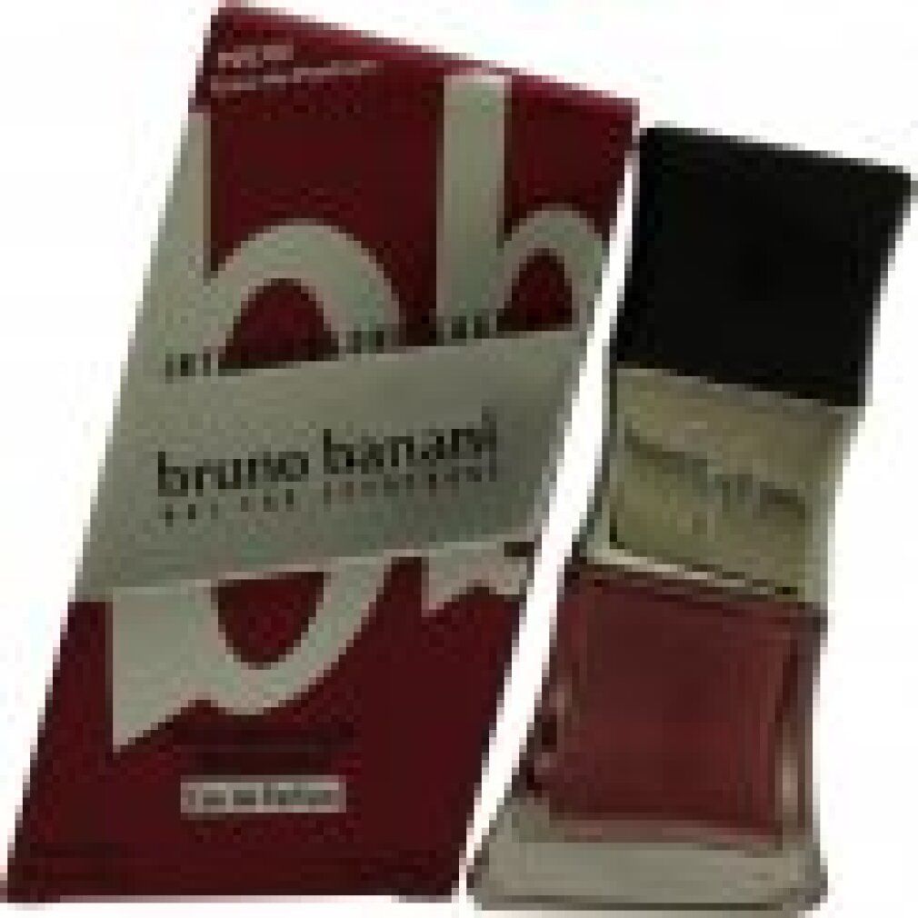 Parfümflakon und Verpackung. Rote Verpackung mit silbernem Logo. "bruno banani" Schriftzug.