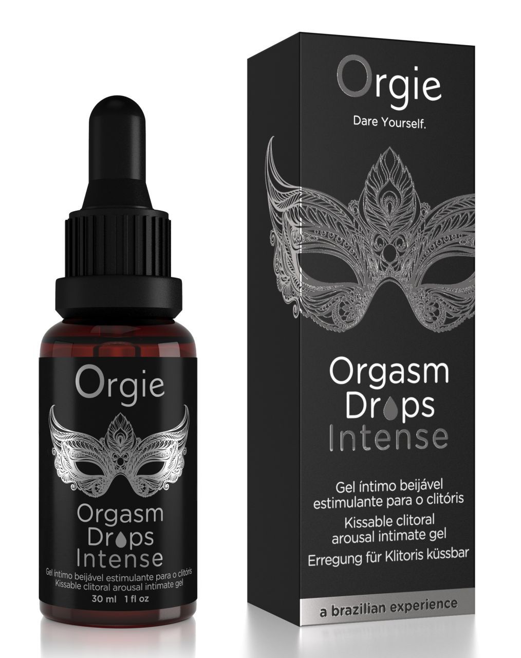 Braune Flasche und schwarze Schachtel. Aufschrift: Orgie, Orgasm Drops Intense. Masken-Design. Text in mehreren Sprachen.