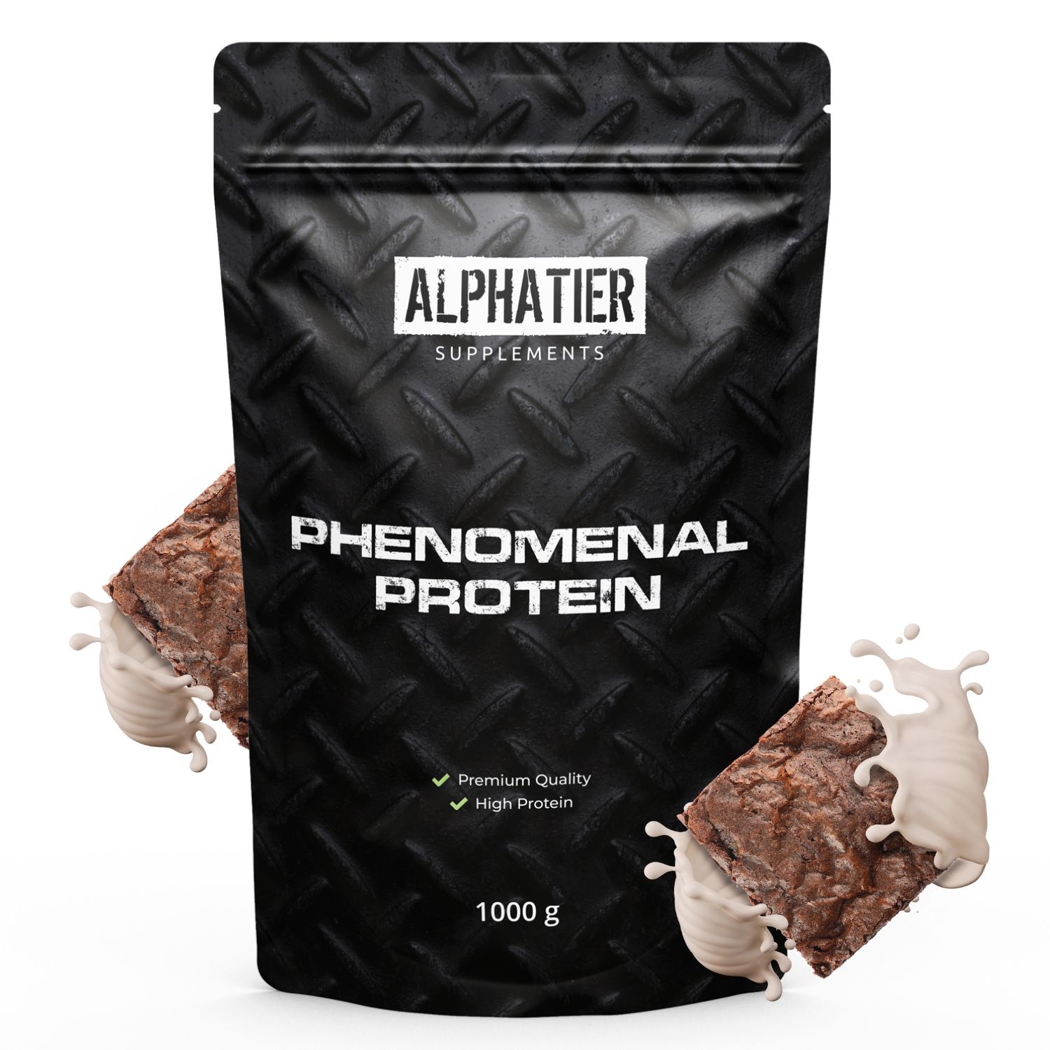 Alphatier Phenomenal Protein Pulver 1kg Beutel mit Brownie-Stücken und Protein-Shake-Splash.