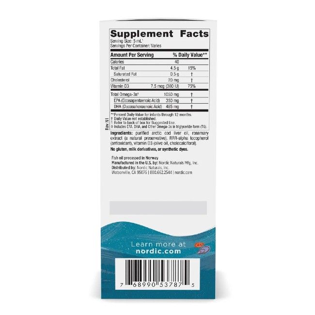 Rückseite der Verpackung von Nordic Naturals Baby's DHA. Enthält Nährwertangaben und Informationen. Mit Text: Nordic Naturals.