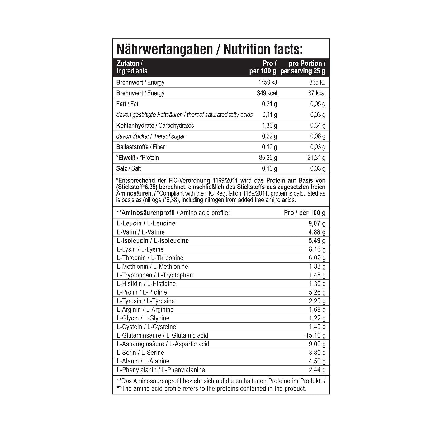 Weiße Dose mit gelben Akzenten. Aufdruck: Nährwertangaben, MST-Logo, 300g. Enthält Aminosäureprofil.
