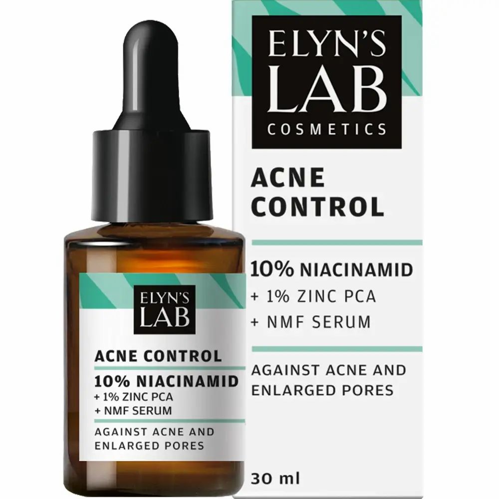 Braune Glasflasche mit schwarzer Pipette und weiße Schachtel. Beide mit Text: Acne Control, 10% Niacinamid, +1% Zink PCA, NMF Serum.