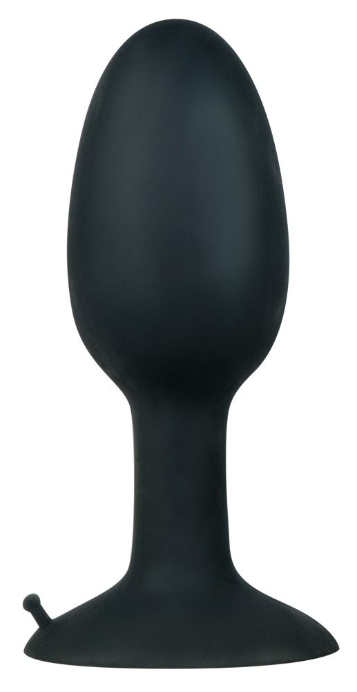 Schwarzer Analplug aus Gummi. Tropfenförmiger Kopf, schmaler Hals, breite Basis mit kleiner Aussparung.
