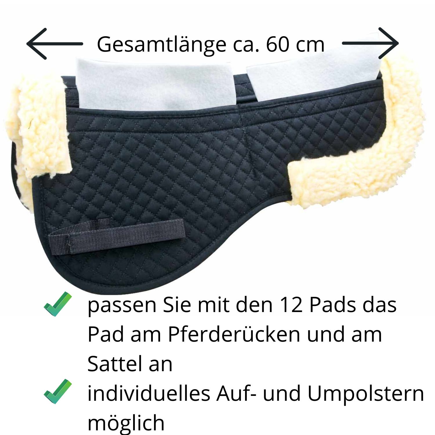 Schwarzes Sattelpad mit ca. 60 cm Gesamtlänge. Mit 12 Pads anpassbar. Individuelle Polsterung möglich.