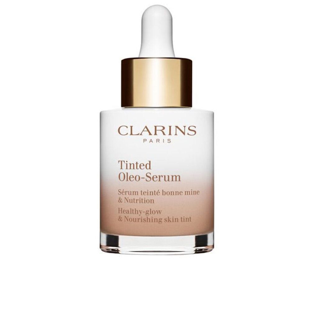 Flakon mit Pipette. Aufschrift: Clarins Paris, Tinted Oleo-Serum. Text: Sérum teinté bonne mine & Nutrition, Healthy-glow & Nourishing skin tint.