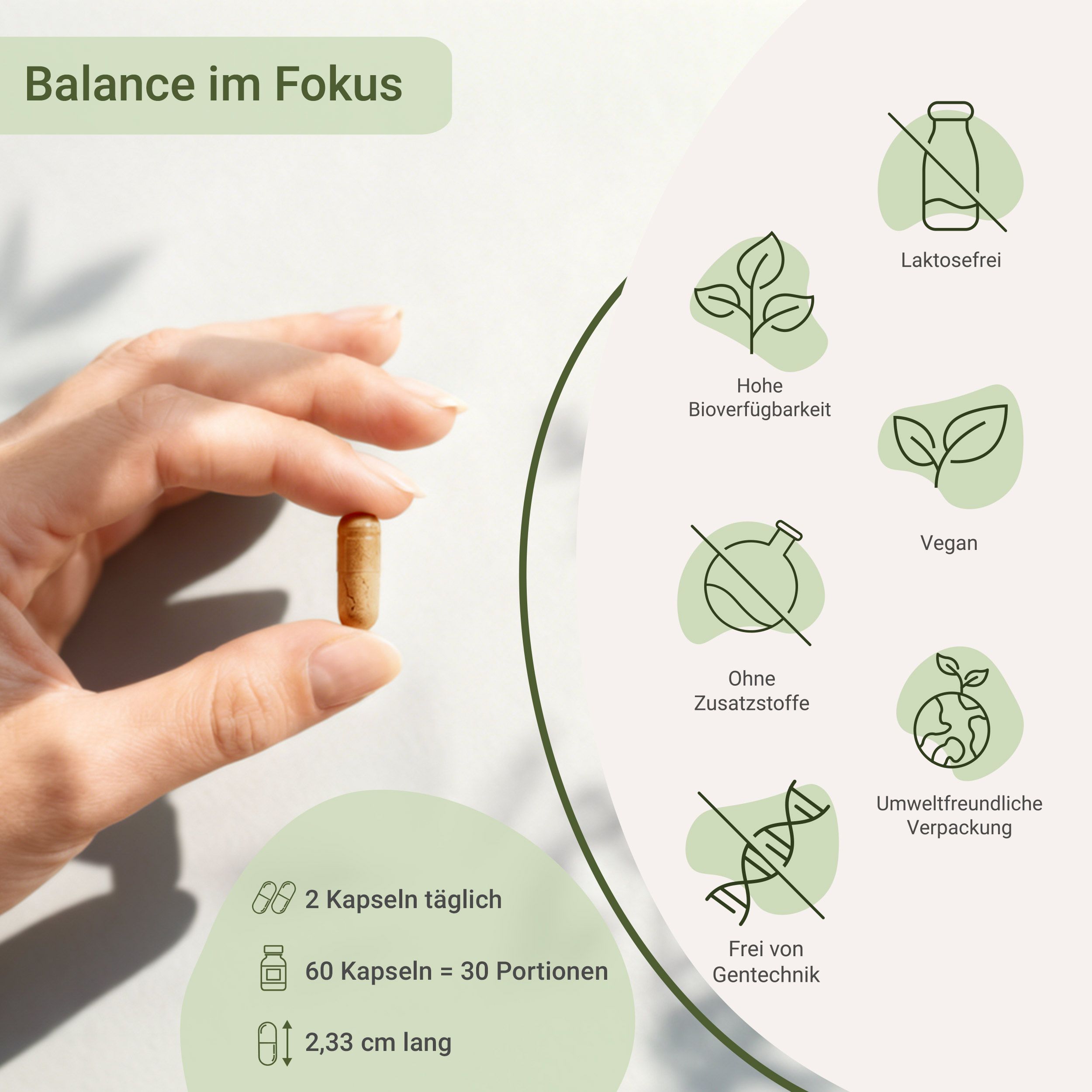Hand hält eine Aqua Phyto Balance Kapsel, mit Icons für vegan, laktosefrei und mehr.