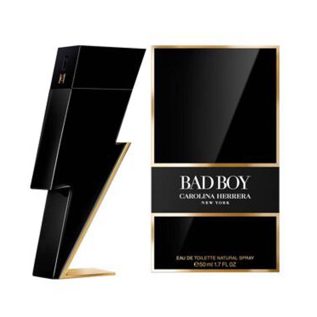 Schwarzer Flakon in Blitzform und rechteckige Verpackung. Aufschrift "BAD BOY" und "Carolina Herrera".