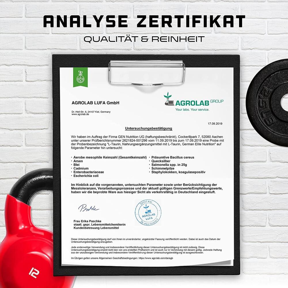 Analyse Zertifikat von Agrolab LUFA GmbH für L-Taurin Pure Powder. Bestätigt Qualität und Reinheit. Unterschrift von Frau Erika Paschke.