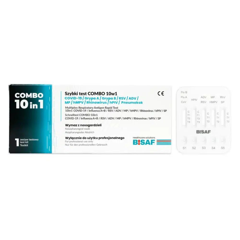 BISAF Combo 10in1 Testkit-Verpackung und Testkassette. Für COVID-19, Influenza A+B, RSV, ADV, hMPV, RhV, hPIV, MP, SP.