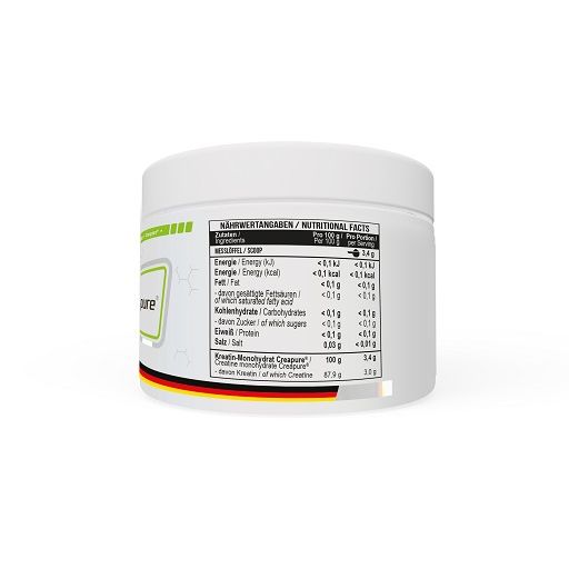 Eine weiße Dose mit dem Produktnamen 'Creatine Pro' und dem Creapure®-Siegel. Deutsche Flagge sichtbar.